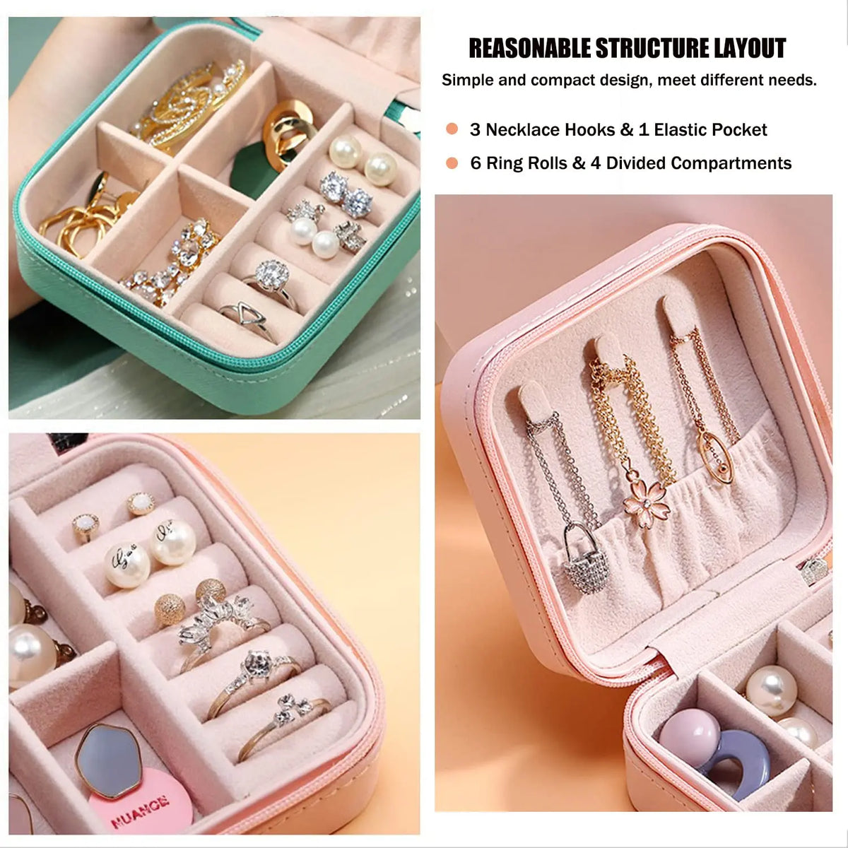 Pink portable PU leather jewelry storage box with divided compartments for rings and necklaces
