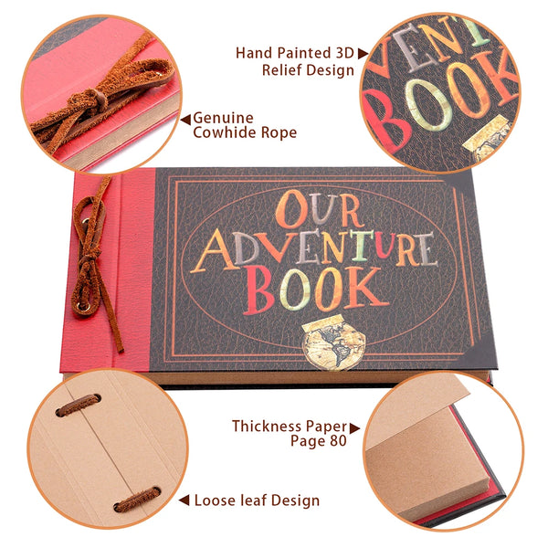 A handmade adventure book with a red cover featuring a genuine cowhide rope detail and loose leaf design.