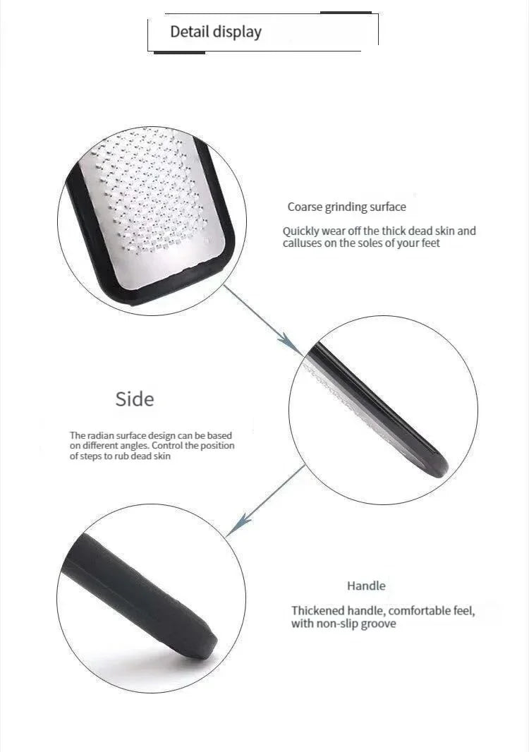 Detail display of a professional foot file featuring a coarse grinding surface, side view, and handle.