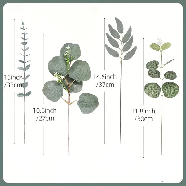 A collection of artificial eucalyptus flower bouquets shown with various heights and leaf arrangements.