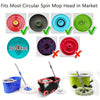 Four circular spin mop heads in various colors including red, black, blue, and green are displayed with a cleaning pole.