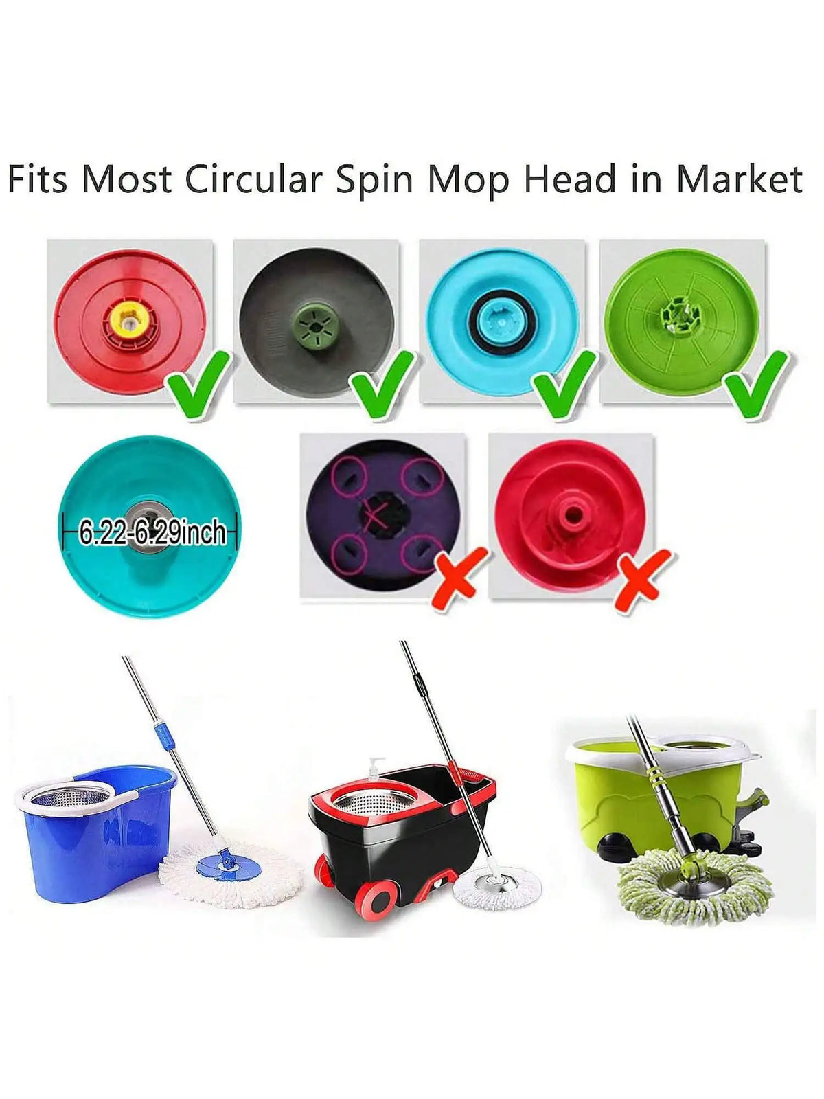 Four circular spin mop heads in various colors including red, black, blue, and green are displayed with a cleaning pole.
