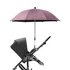 Paraguas para cochecito rosa con cubierta negra y soporte ajustable.