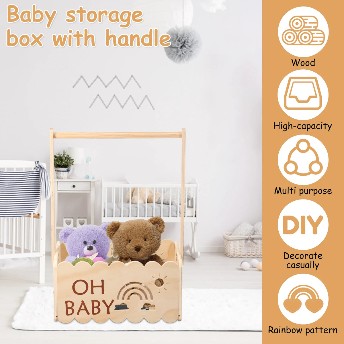 A wooden baby storage box with a handle featuring a rainbow pattern, displayed in a nursery setting.