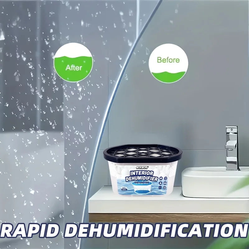 Ein weißer Luftentfeuchter-Produkt neben einem Waschbecken, das schnelle Entfeuchtung demonstriert.