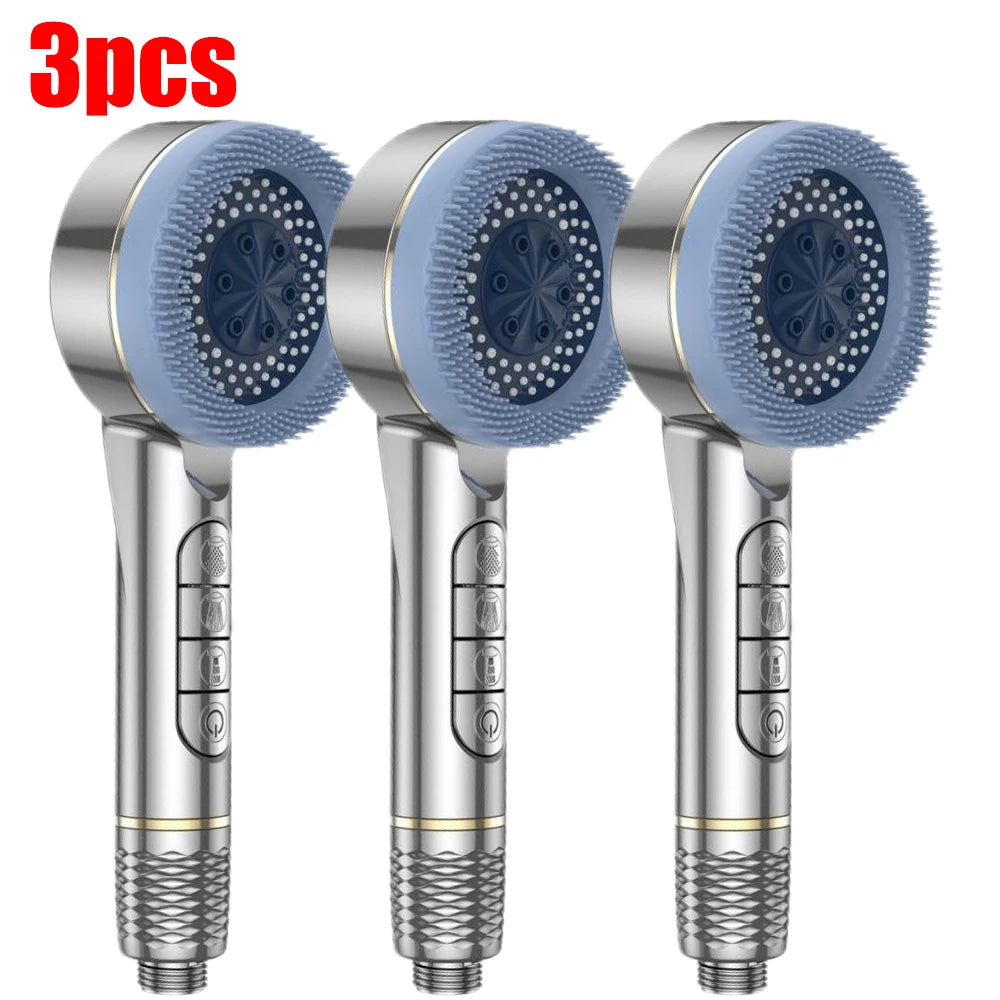 Three silver shower heads with blue nozzles and metallic handles for a high pressure shower system