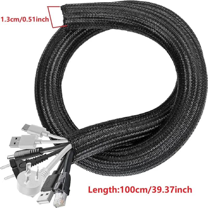 Black braided cable sleeves with connectors, measuring 100cm or 39.37inch long.