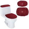 A white toilet seat with a maroon lid and two separate velvet protectors shown in a package.
