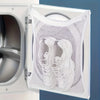 A white mesh bag for washing shoes is shown inside an open appliance compartment.