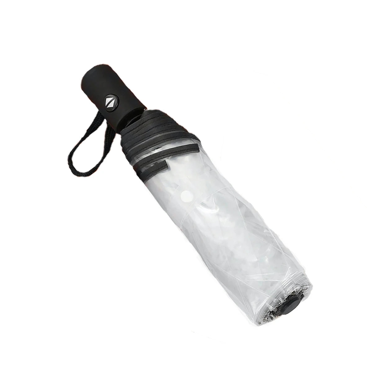 Black automatic transparent folding umbrella with a clear canopy.