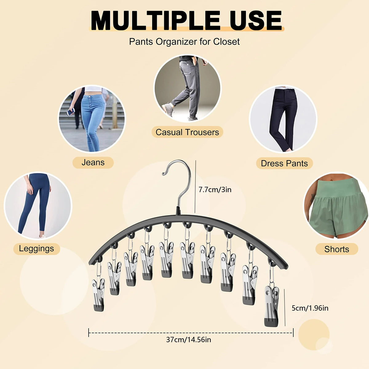 Curved metal hangers with 10 clips used as a pants organizer for closet storage.