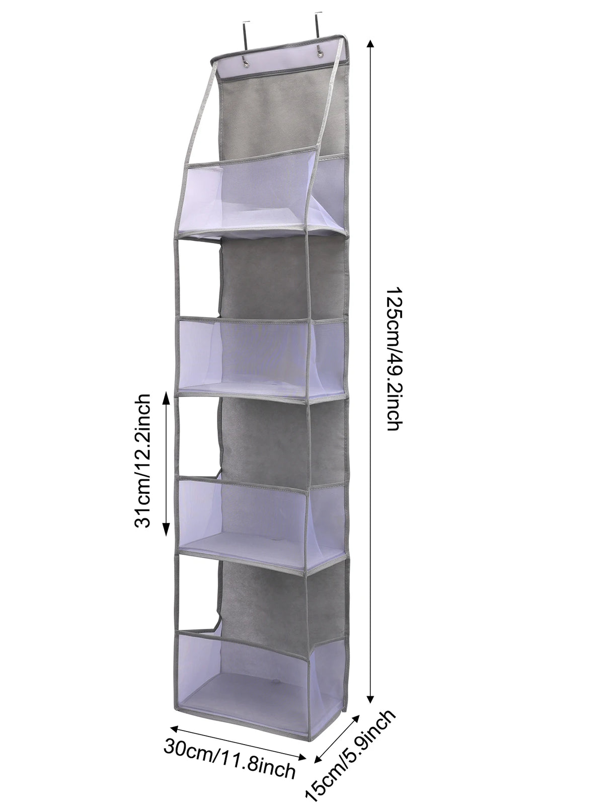 A tall, multi-layer door organizer with five clear plastic compartments and a gray fabric cover.