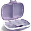 A purple 8-grid portable pill organizer with an airtight seal, shown open.