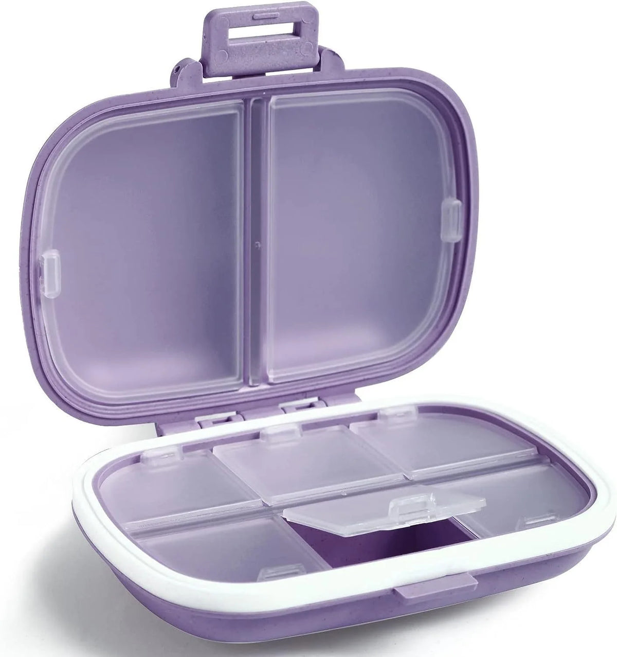 A purple 8-grid portable pill organizer with an airtight seal, shown open.