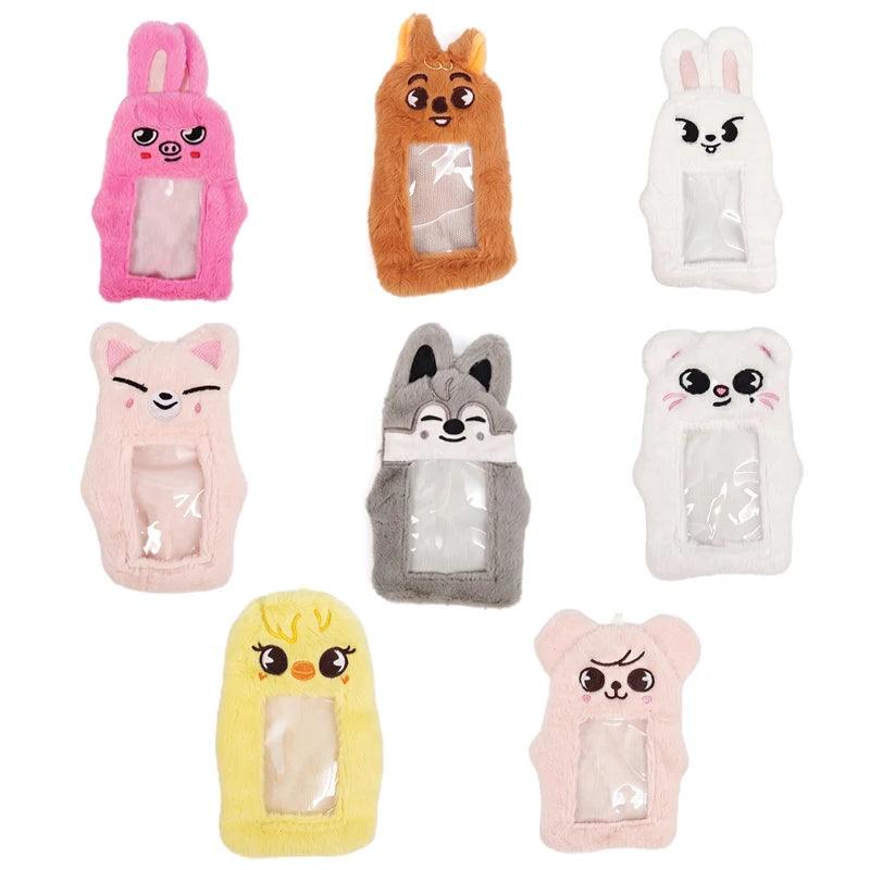 A set of five plush doll storage bags in pink, orange, white, gray, and yellow.