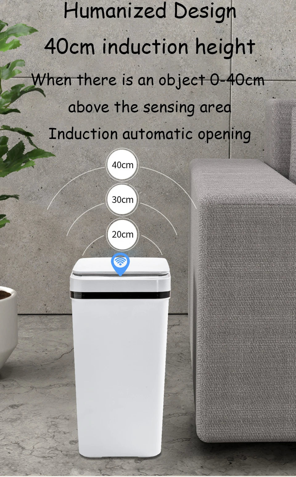 Weißer smarter Bewegungsmelder Mülleimer mit Diagrammen zur 40cm Induktionshöhe und automatischen Öffnung