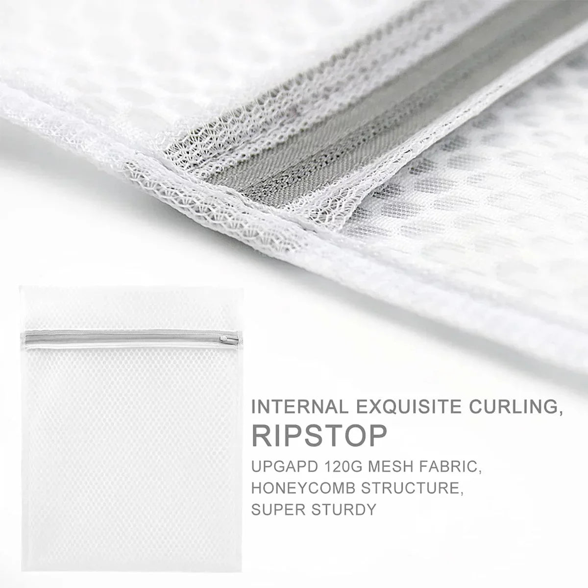 Close-up view of a white ripstop mesh laundry bag with a silver zipper, showing the exquisite curling texture.