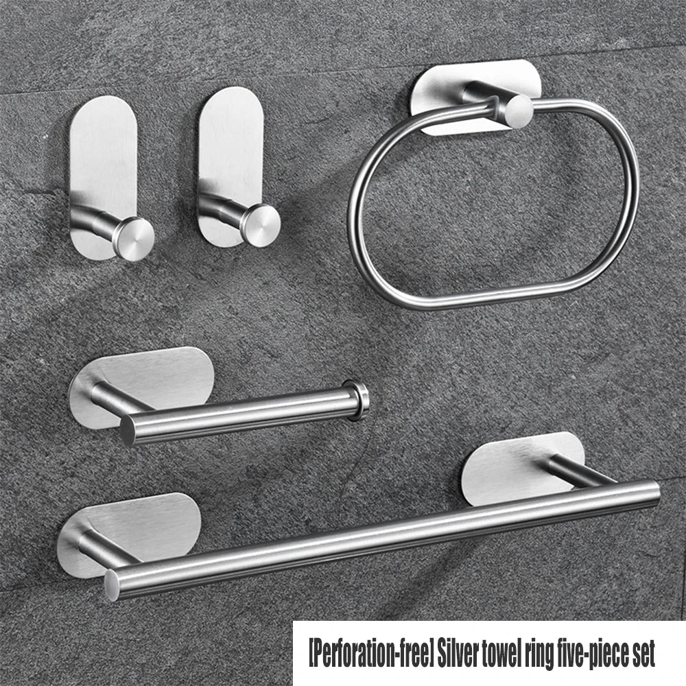 A five-piece set of silver perforation-free towel rings and bars for bathroom use.