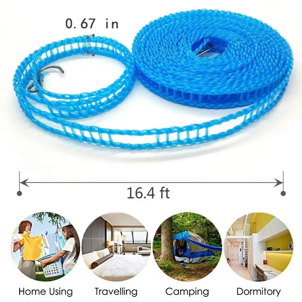 Blue portable windproof clothes drying line coiled and uncoiled with a measurement of 0.67 inches.