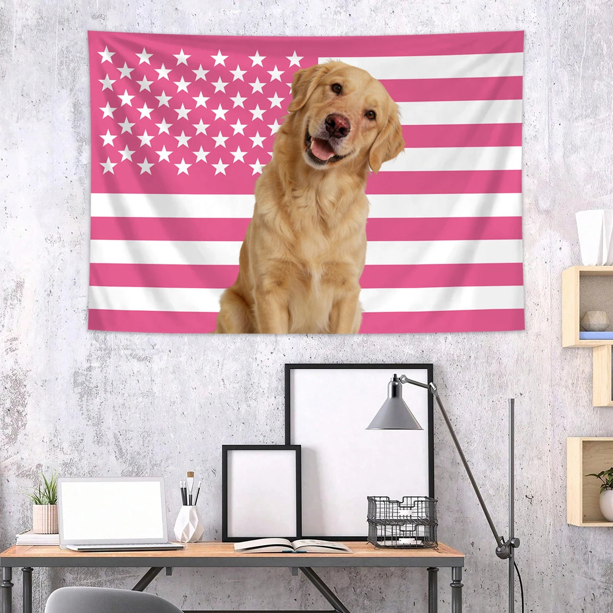 Pink-weiß gestreiftes Flaggen-Tapestry mit einem großen amerikanischen Flaggen-Design mit Sternen.