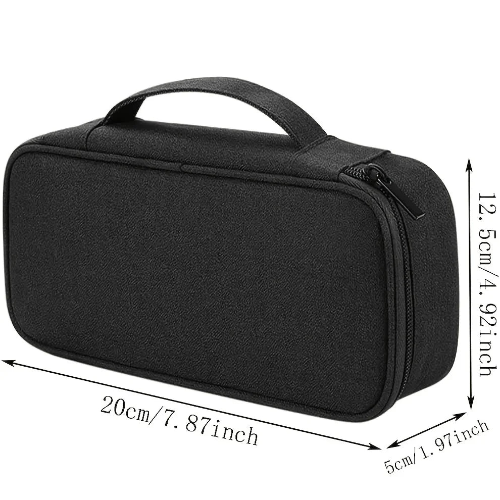 Black multi-purpose travel electronics organizer bag with a zippered top and carrying handle.