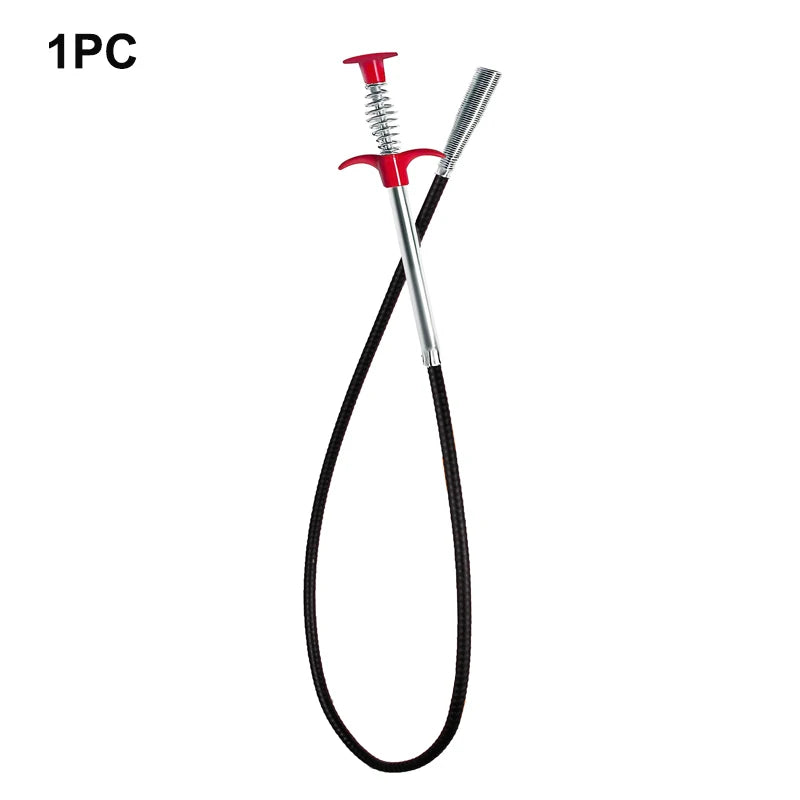 A professional drain cleaning kit featuring a red handle and flexible metal snaking tool with a black hose.