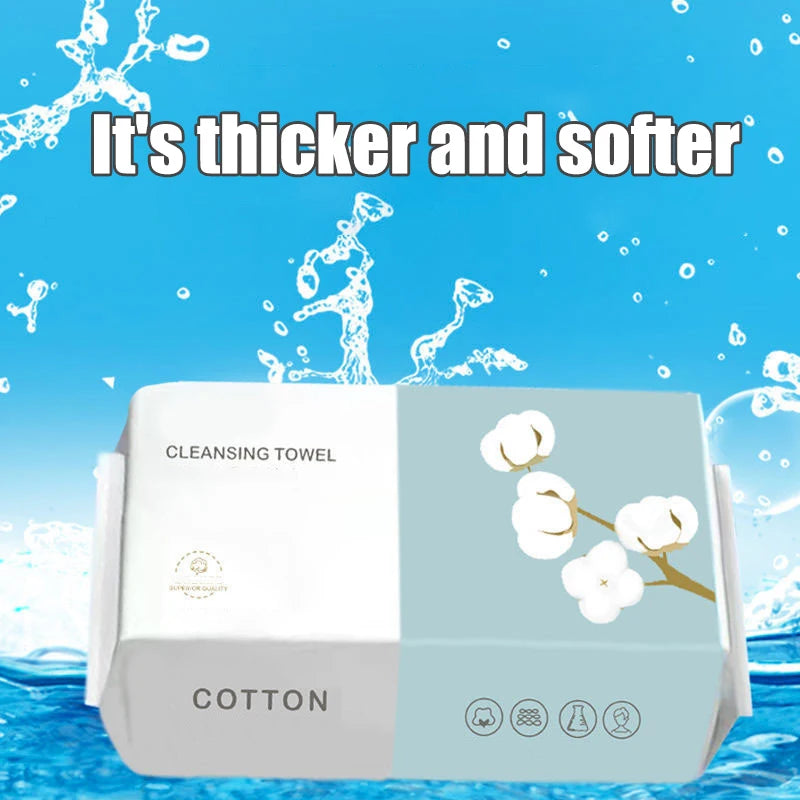 A box of cotton cleansing towels with text indicating it is thicker and softer, shown against a blue water background.