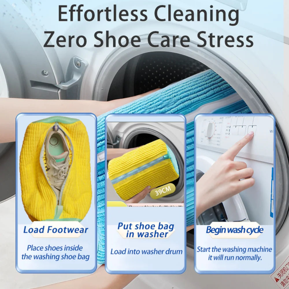 A hand places yellow footwear inside a blue laundry bag for effortless cleaning in a washing machine.