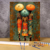 A vertical painting featuring two women with colorful traditional attire and large, patterned umbrellas against a green backg