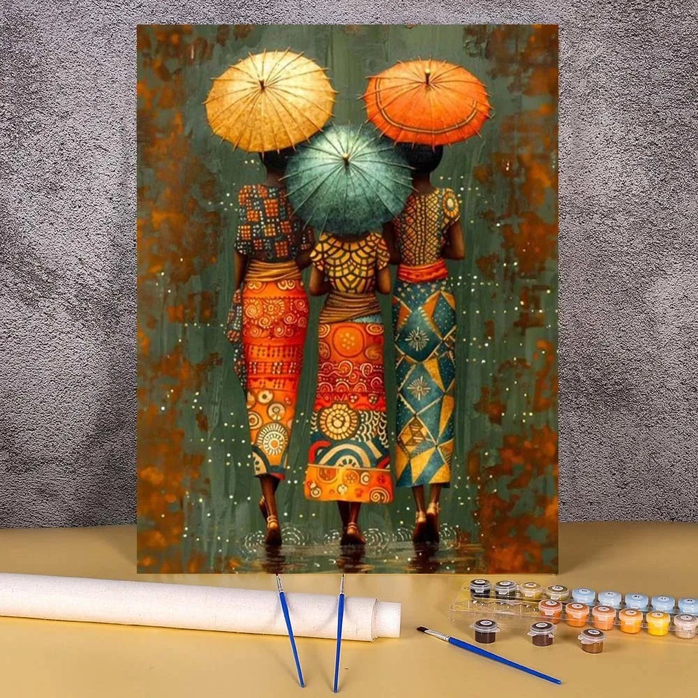 A vertical painting featuring two women with colorful traditional attire and large, patterned umbrellas against a green backg