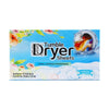 Box of purple and yellow tumble dryer sheets with floral designs and a window showing the sheets.