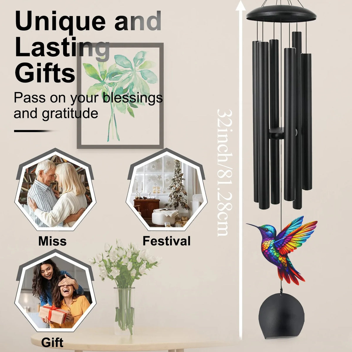 A set of black metal wind chimes and a colorful bird decoration for unique gifts