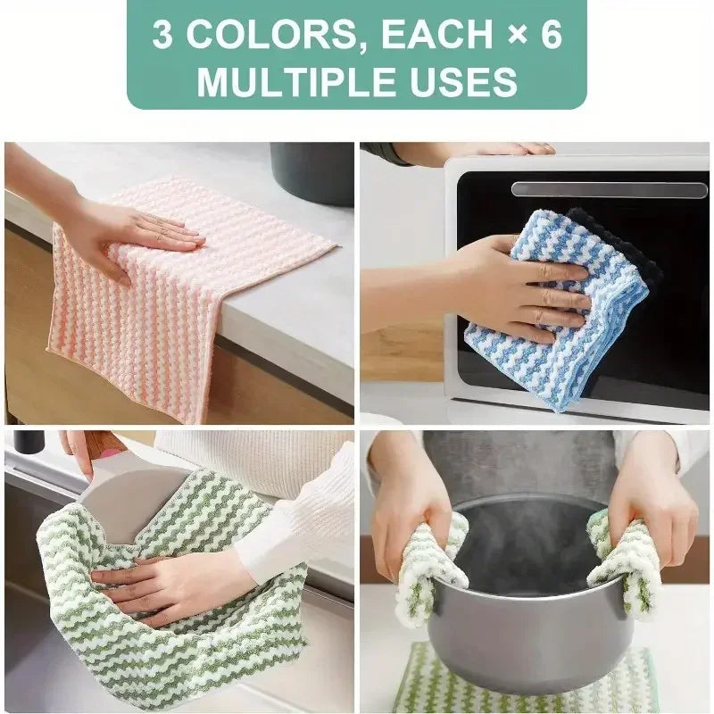 Six multi-use cleaning cloths in three colors, including a pink, blue, and green patterned cloth.