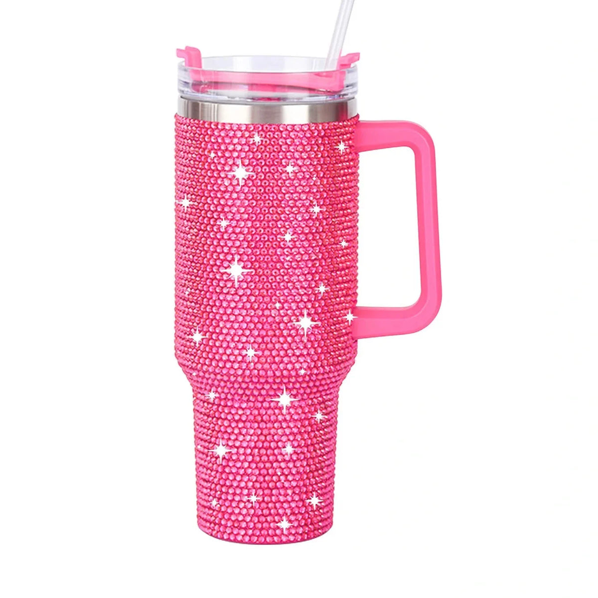 Taza aislada de acero inoxidable con pedrería rosa y tapa transparente.