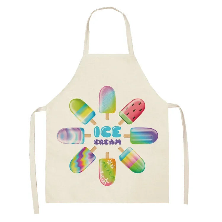 A light yellow apron featuring colorful ice cream-themed graphics on a white background.