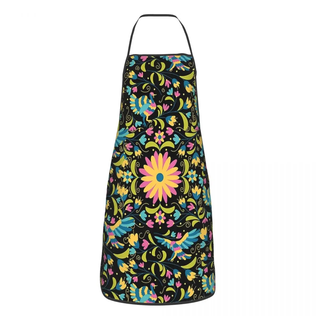 Schwarze Schürze mit lebhaftem Blumenmuster in rosa, gelben und grünen Blättern und Blüten.