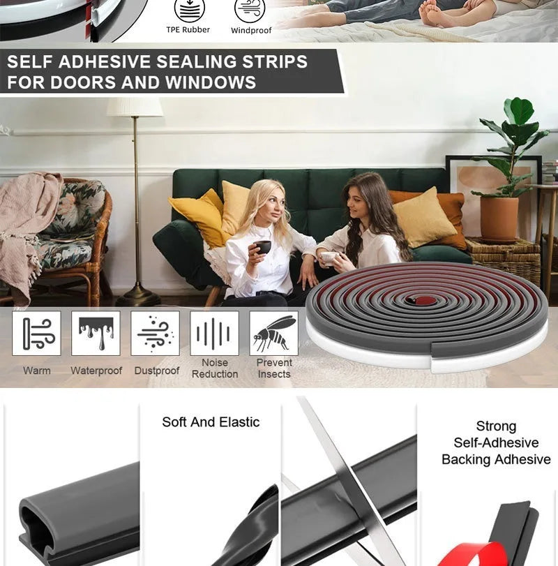 Self adhesive sealing strips for doors and windows shown in various forms including a roll and a flat strip