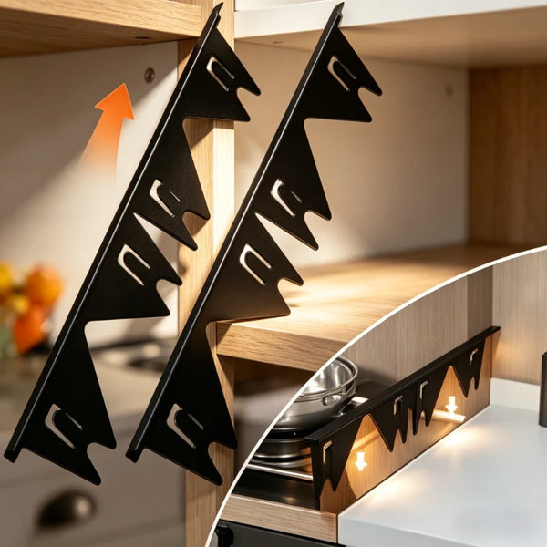 Black stove gap covers mounted on a wooden cabinet shelf, showing their design and placement.