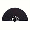 Black handheld folding fan with a classic design, shown open.