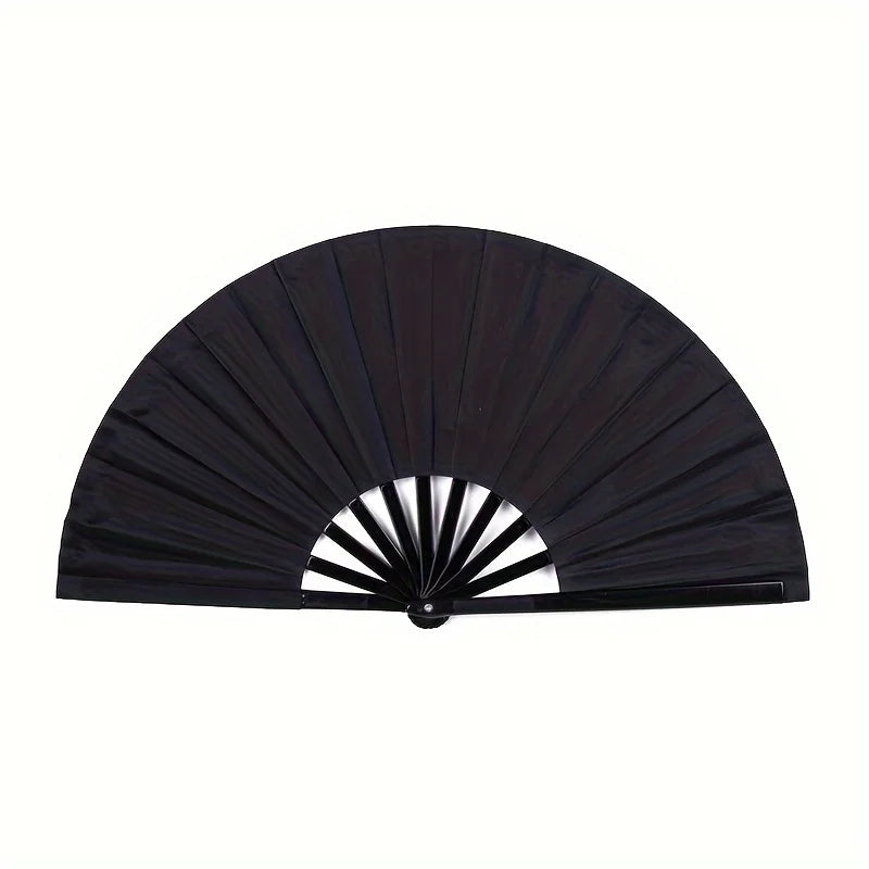 Black handheld folding fan with a classic design, shown open.