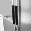 Two black oil-proof refrigerator handle covers hanging on a silver metal rack.