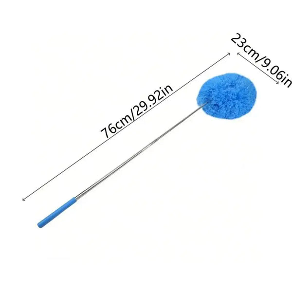 Extendable blue microfiber duster with a handle and a spherical cleaning head.