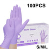A hand wearing a purple nitrile glove is shown next to a box of 100 pairs of disposable nitrile gloves.