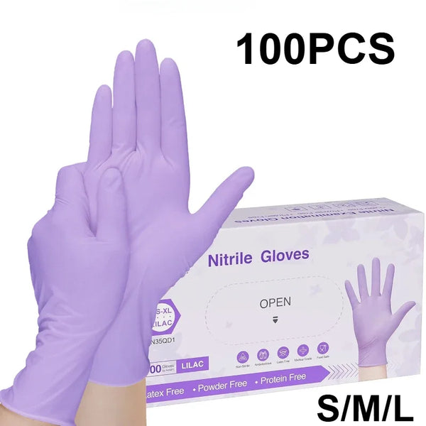 A hand wearing a purple nitrile glove is shown next to a box of 100 pairs of disposable nitrile gloves.