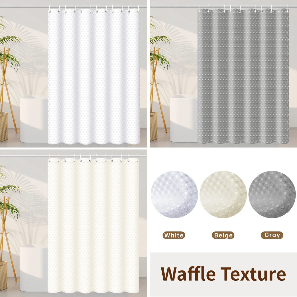 Three variations of waffle texture shower curtains in white beige and gray with weighted hems.
