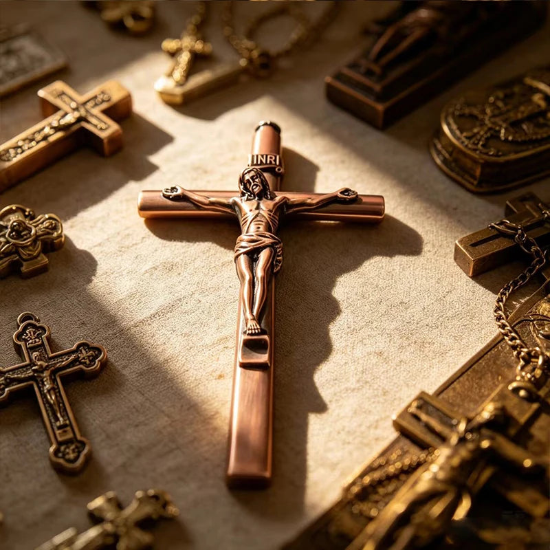 Primer plano de una pluma cruz de metal dorado rosa elegante sobre una superficie texturizada con otros artefactos religiosos