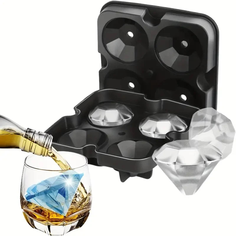 A silicone ice cube mold with a lid is shown next to a glass of amber liquid.