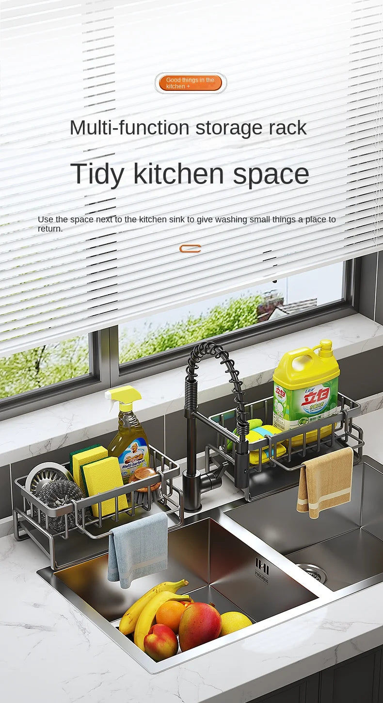 A multi-function storage rack made of stainless steel designed to tidy kitchen space and hold washing items.