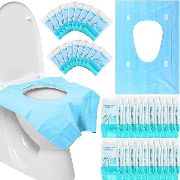 A set of disposable blue toilet seat covers shown next to a toilet bowl.