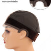 A dark brown velvet headband wig cap is shown on a mannequin head, highlighting its natural design.